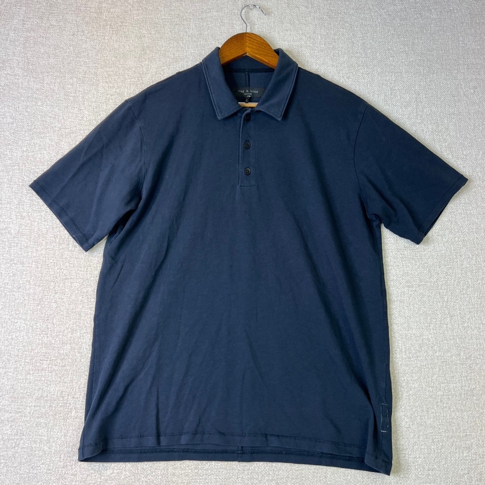 Rag & Bone Mens Slub Cotton Jersey Large Short Sleeve Polo Shirt Navy Blue $148